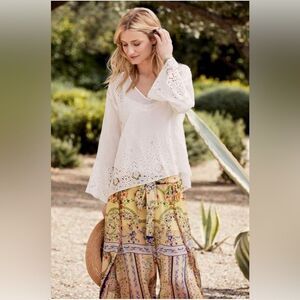 Johnny Was Jade Women's Colette Eyelet Top Antique White Bell Sleeve Extra Small